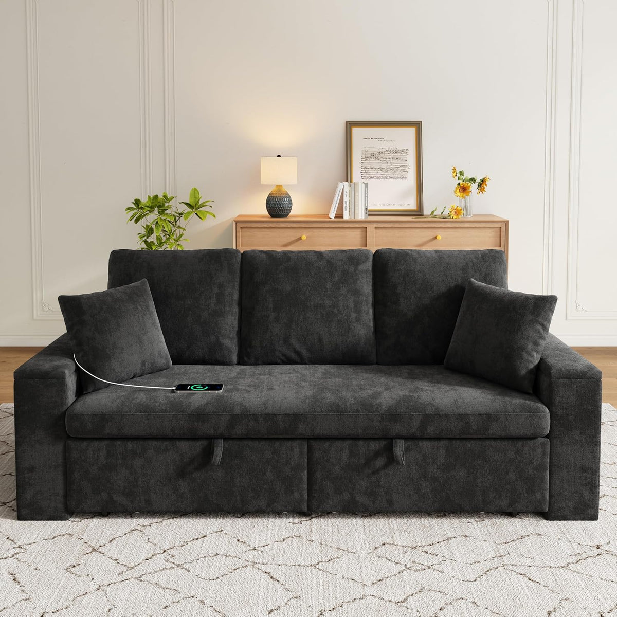 Sofá cama de 210 cm, multifuncional, 3 plazas, con función de dormir, sofá cama extensible, sofá con espacio de almacenamiento, reposabrazos y puerto de carga USB, para salón y dormitorio, color
