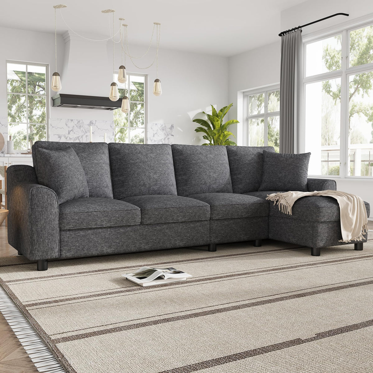 Sofá moderno de chenilla en forma de U con chaise longue, sofá esquinero de 4 plazas con espacio de almacenamiento, puerto USB y tipo C, modular, con soporte para bebidas y cojines suaves