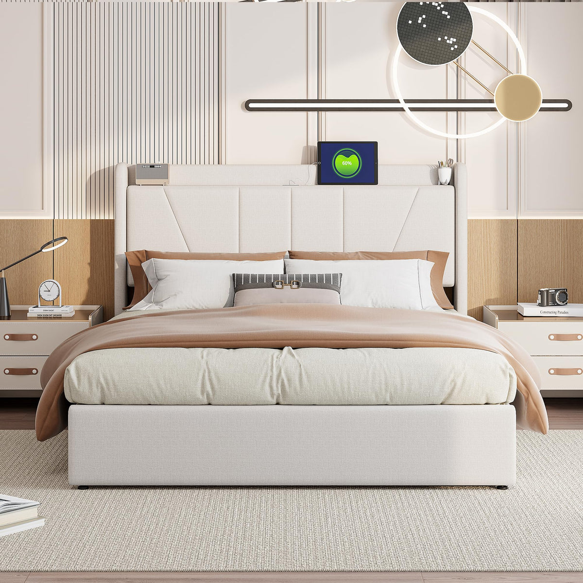 Cama tapizada de 160 x 200 cm, cama doble LED con espacio de almacenamiento, cabecero y función de carga USB C, cama de almacenamiento hidráulico, respaldo con somier de láminas de madera