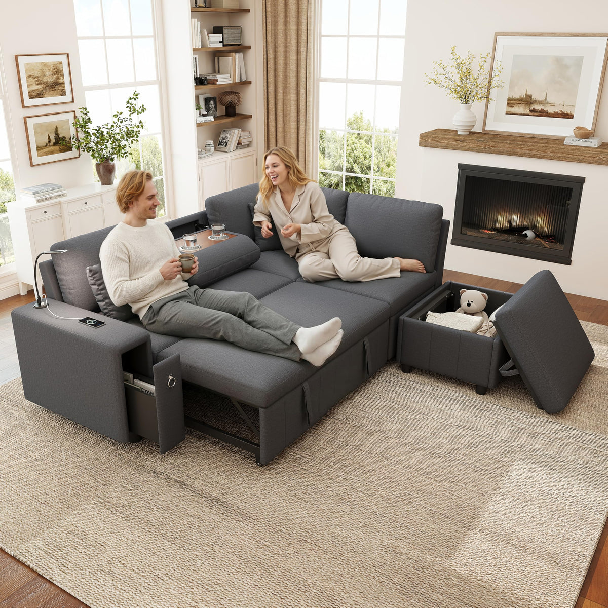 Sofá moderno de chenilla en forma de U con chaise longue, sofá esquinero de 4 plazas con espacio de almacenamiento, puerto USB y tipo C, modular, con soporte para bebidas y cojines suaves