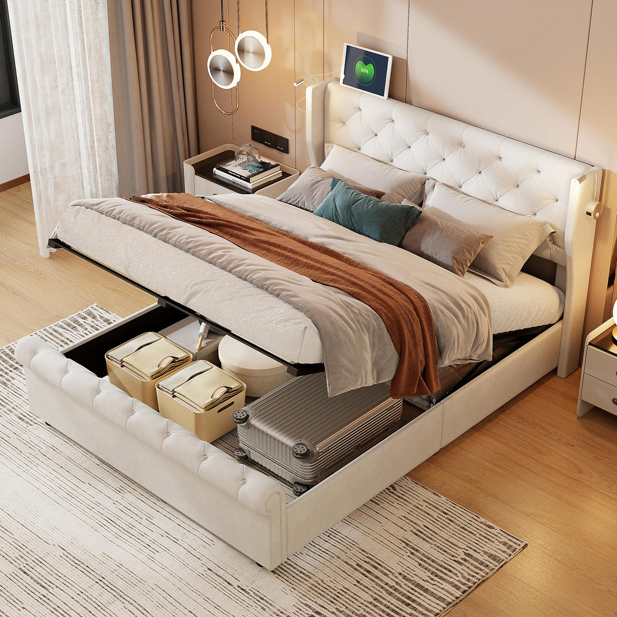 BRILVERDE Cama Tapizada 140x200 con Almacenamiento hidráulico, Cama matrimonial con Toma USB y luz LED, Cabecero Acolchado y Base de Láminas, Terciopelo (Beige, 140 x 200 cm)
