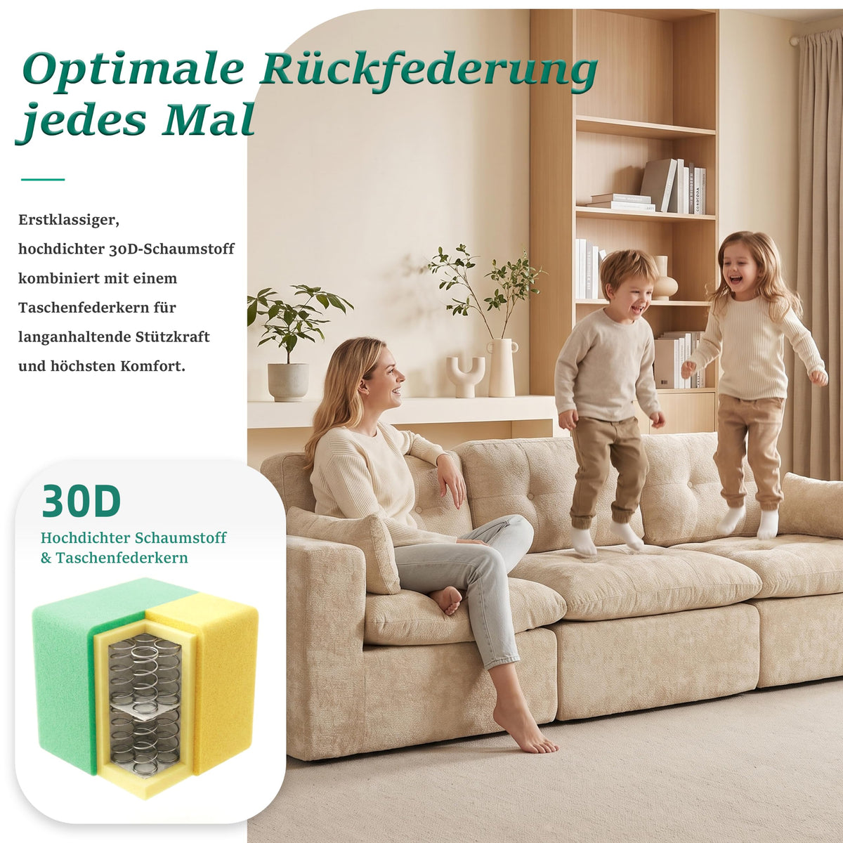 Sofá modular de 3 plazas con función de dormir, asiento extra profundo, felpilla para el hogar, sofá sin marco, sofá cama flexible para salón, verde