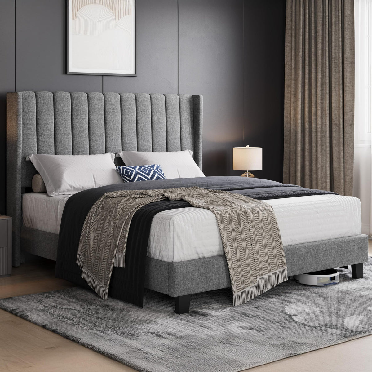 Yaheetech Cama Doble Tapizada 140 x 200cm con Somier de Lamas con Cabecero Rayado Moderno Estructura de Madera y Metal Marco de Cama para Adultos 2 Personas Beige