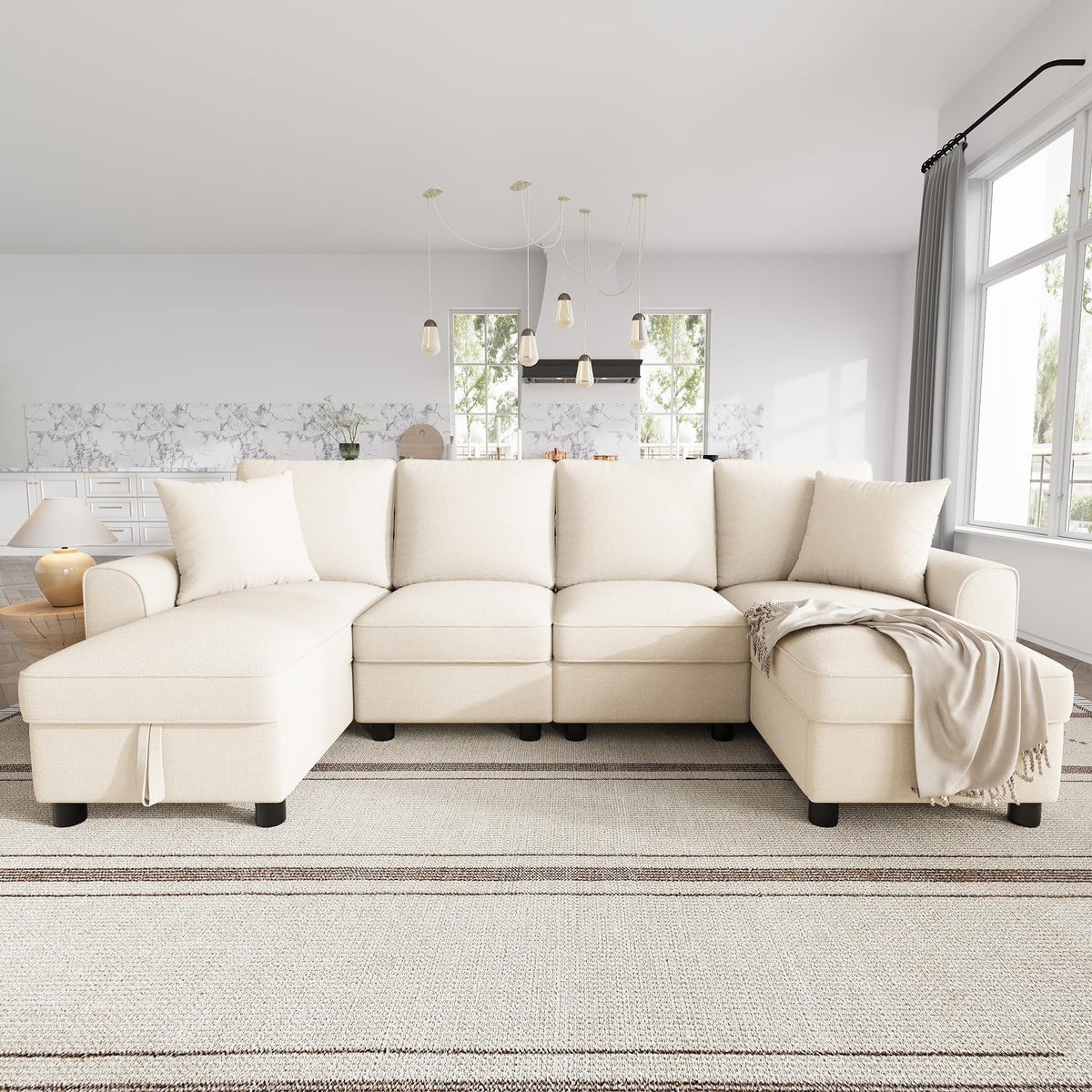 Sofá moderno de chenilla en forma de U con chaise longue, sofá esquinero de 4 plazas con espacio de almacenamiento, puerto USB y tipo C, modular, con soporte para bebidas y cojines suaves