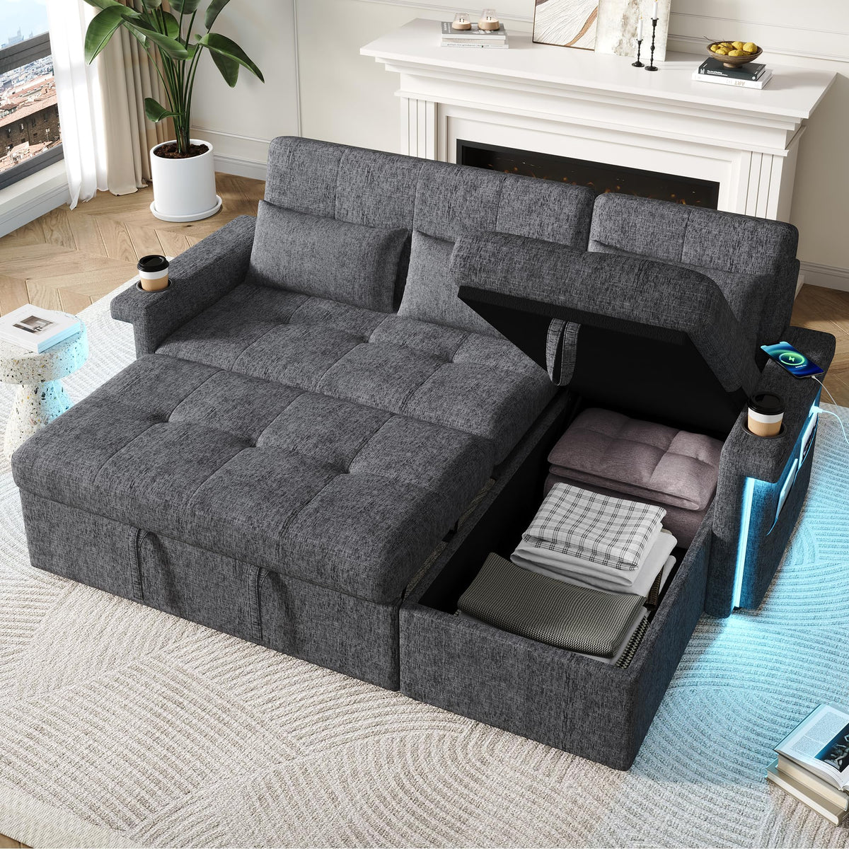 Bladez Sofá cama extensible en forma de L de lino con espacio de almacenamiento, soporte para bebidas, sofá modular de 3 plazas para salón (gris)