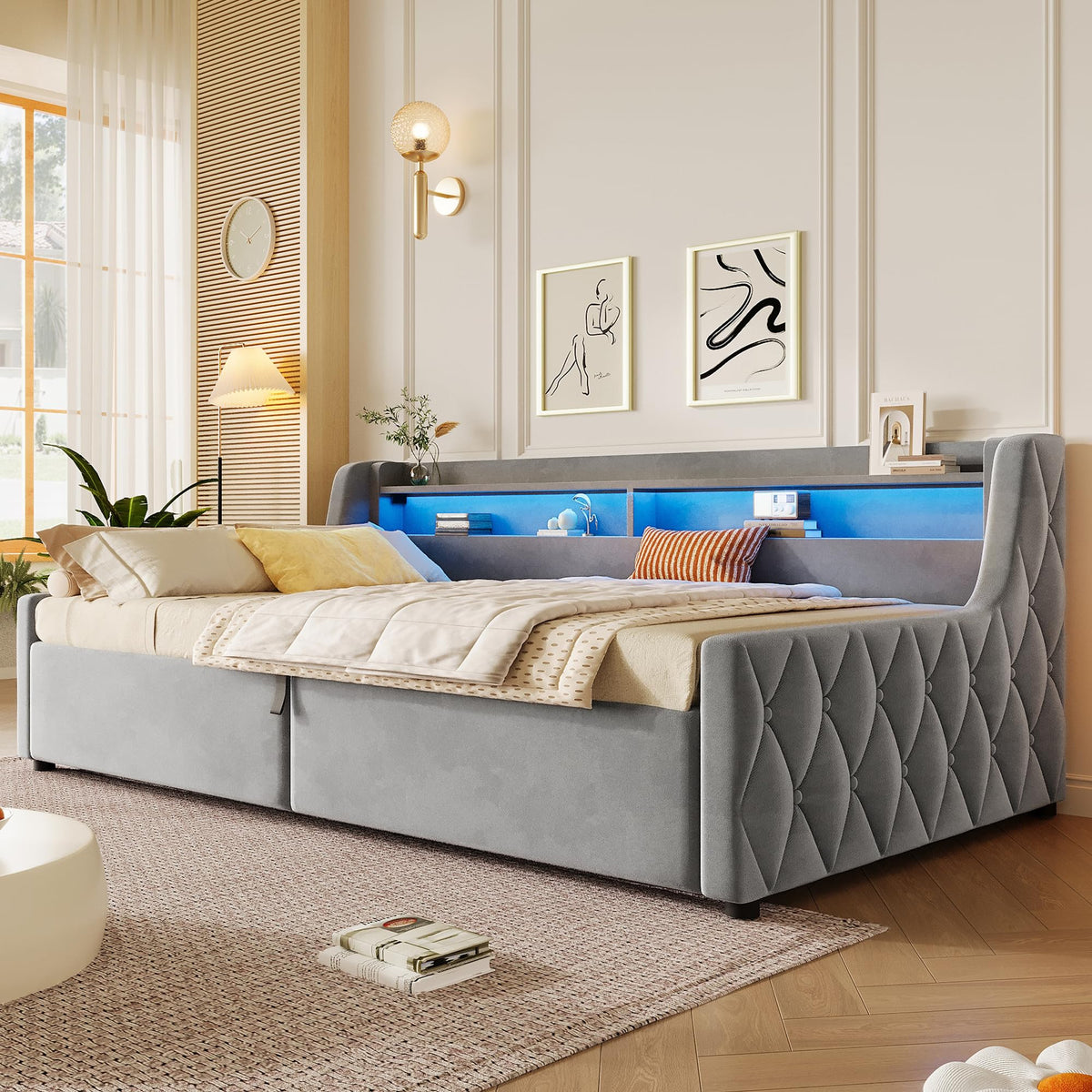 Cama con plataforma de terciopelo 90 x 200 cm, con espacio de almacenamiento hidráulico e iluminación LED (color crema, 90 x 200 cm)