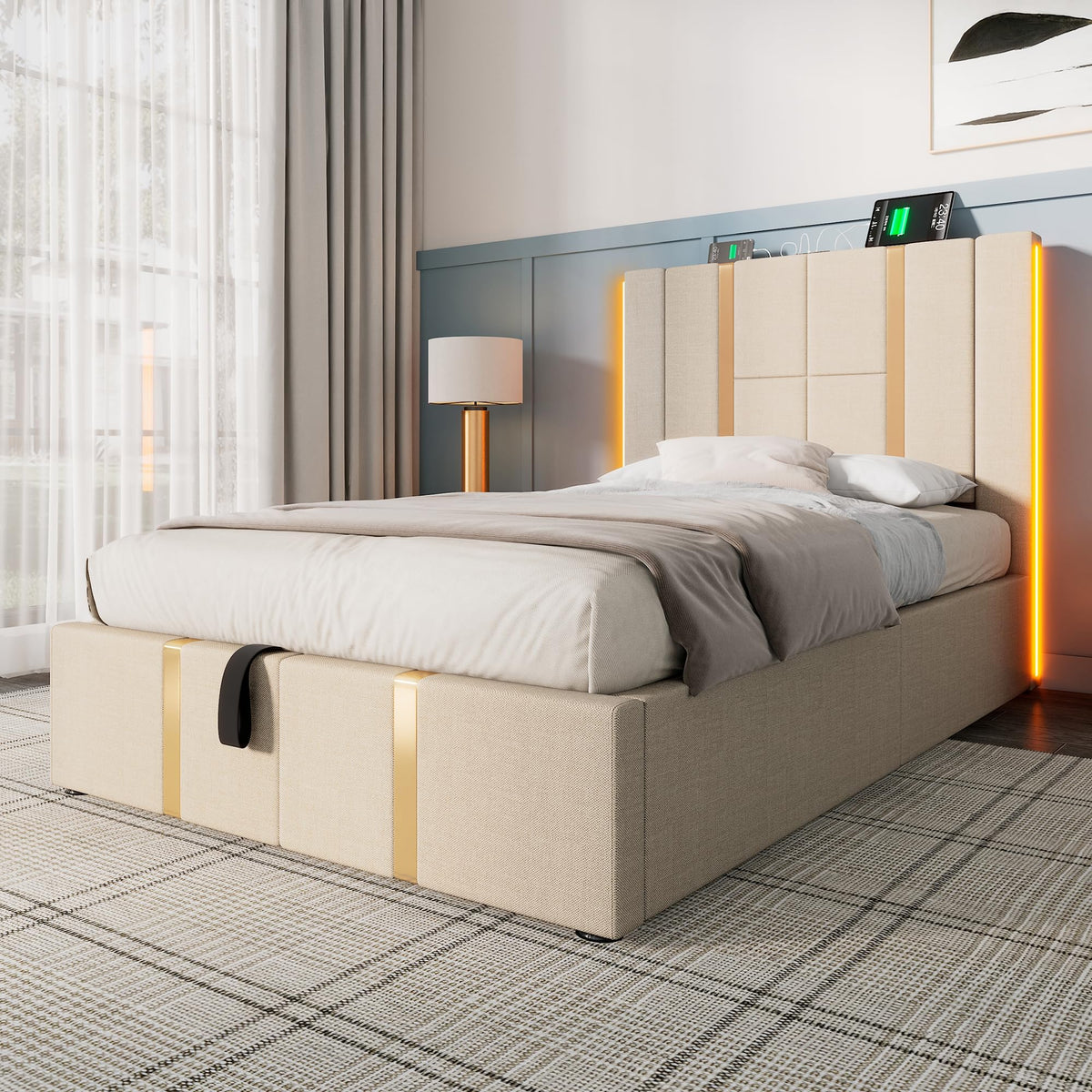 Cama tapizada doble USB tipo C función de carga APP Control LED 180 × 200 cm espacio espacio cama somier de láminas de madera, material de lino beige (sin colchón)