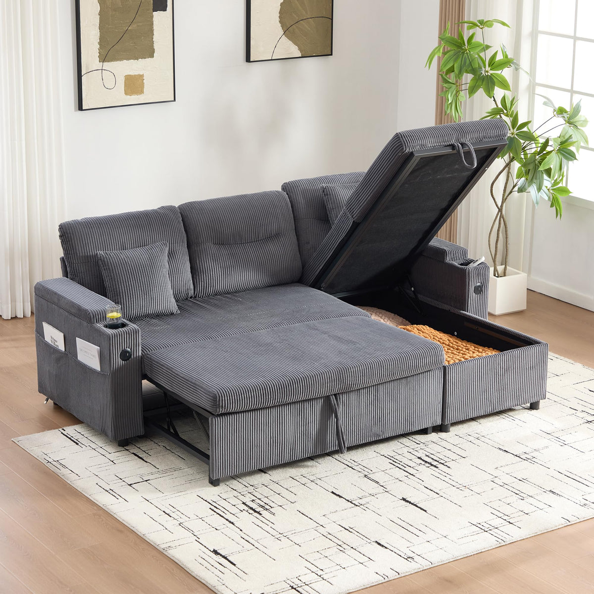 Dolamaní Sofá moderno de 4 plazas de tela de lino con espacio de almacenamiento y función de dormir, sofá cama con cajonera extensible en forma de L para casa y salón (beige B)