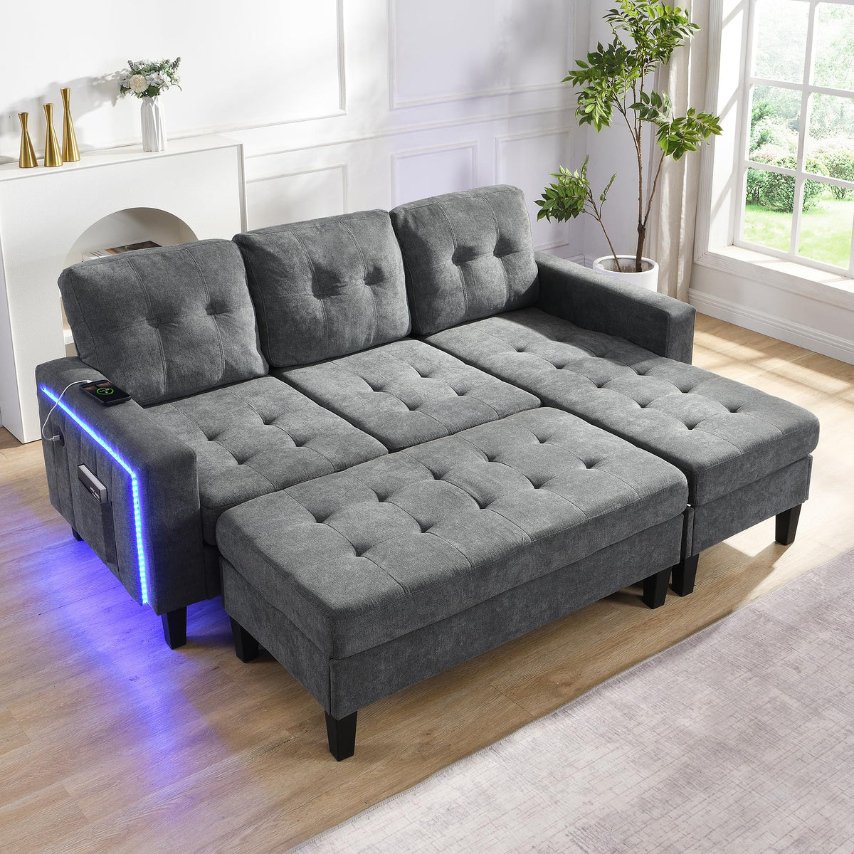 Lubvtti Sofá cama de 3 plazas moderno con función de cama, con espacio de almacenamiento, cargador USB, reposabrazos portaobjetos y 2 cojines, sofá de esquina en L, sofá de 3 plazas, chenilla (C-gris)