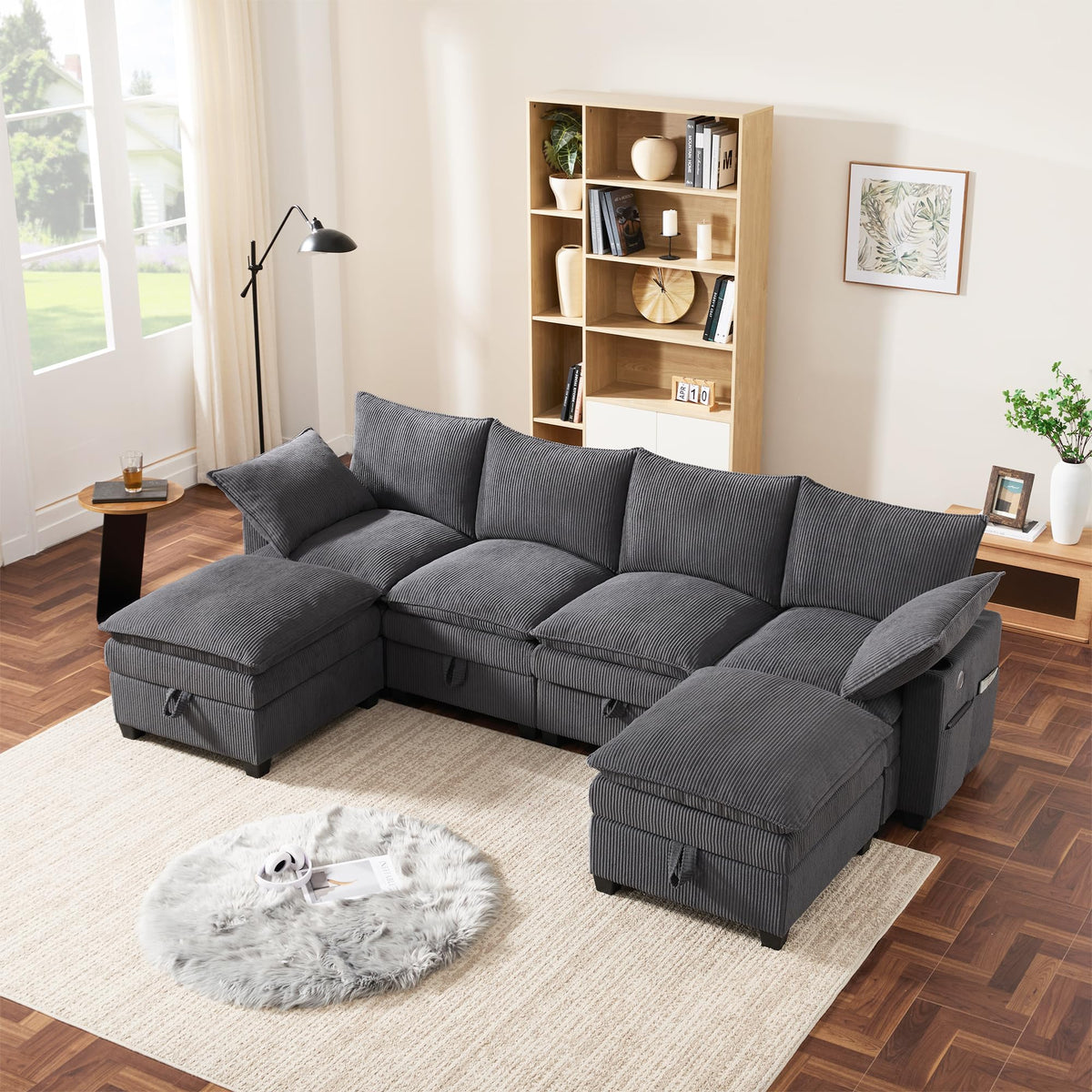 Sofá modular de 6 plazas, sofá esquinero en forma de L/U, puertos USB/tipo C, portavasos y espacio de almacenamiento, tela de chenilla, 7 cojines, salón, dormitorio y oficina, color beige