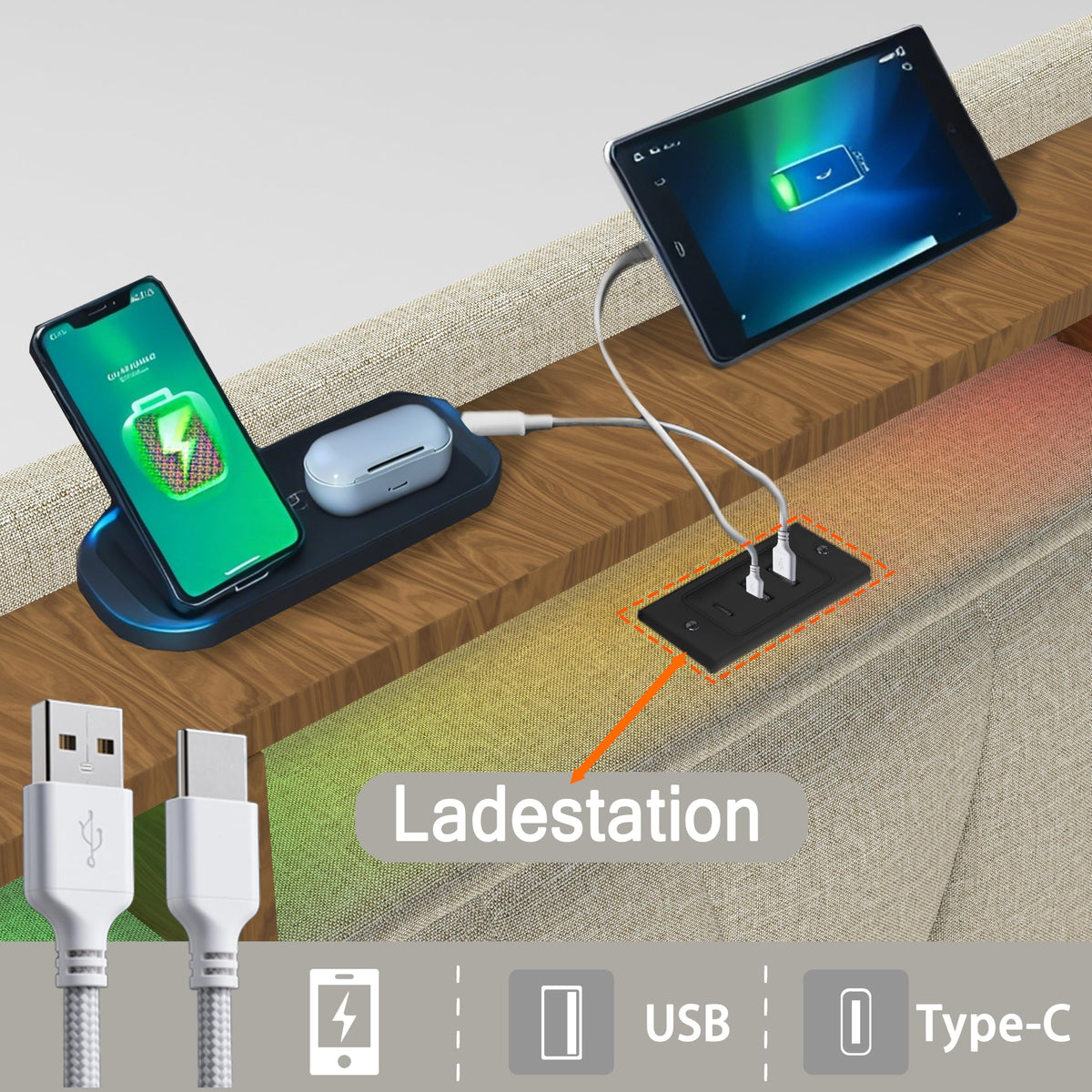 Estructura de Cama de Cuero 160x200cm con Carga USB Type-C, Blanco