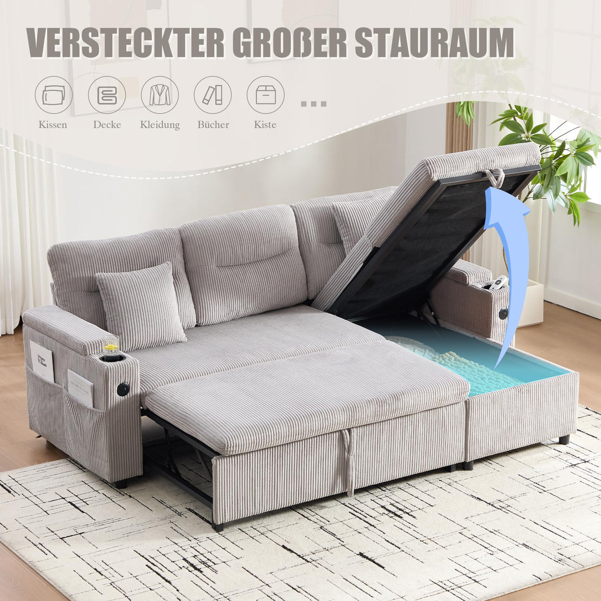 Dolamaní Sofá moderno de 4 plazas de tela de lino con espacio de almacenamiento y función de dormir, sofá cama con cajonera extensible en forma de L para casa y salón (beige B)