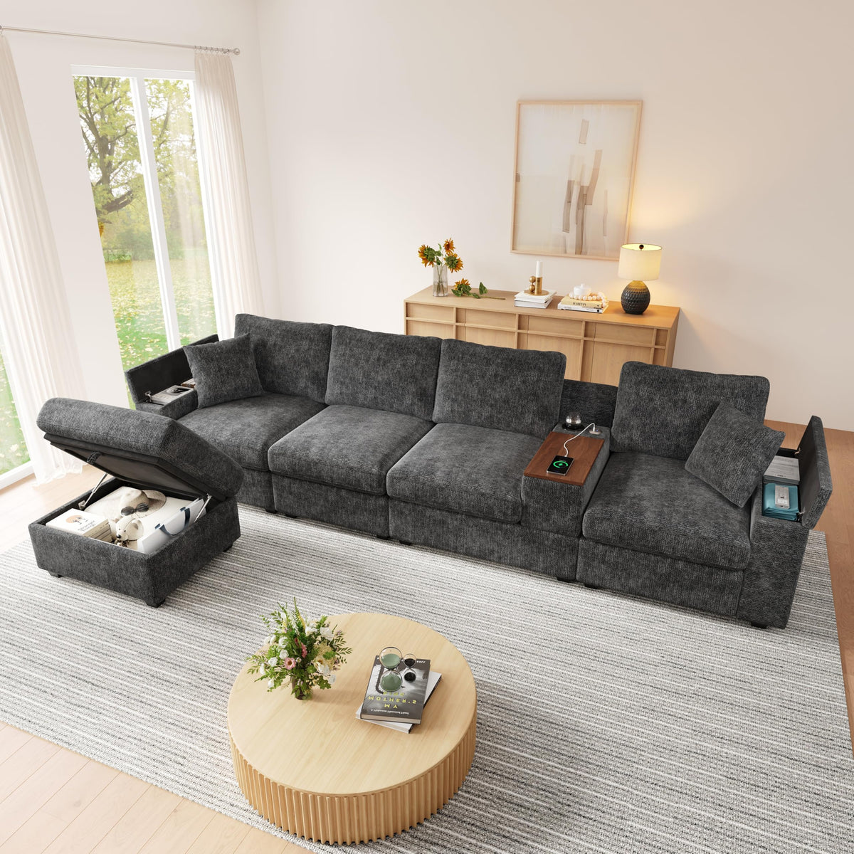Sofá modular de 6 plazas, sofá esquinero en forma de L/U, puertos USB/tipo C, portavasos y espacio de almacenamiento, tela de chenilla, 7 cojines, salón, dormitorio y oficina, color beige