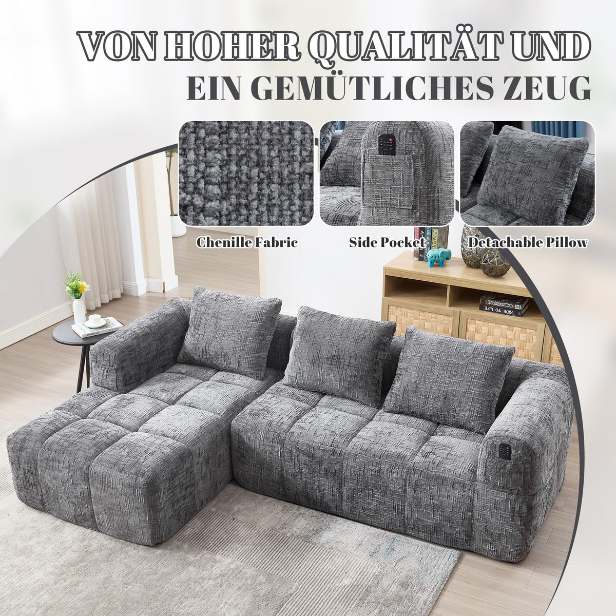 Soweiz Sofá L, seccional de 3 plazas, sofá con chaise longue y reposabrazos, 3 cojines, bolsillo lateral para mando a distancia, 250 x 158 x 60 cm