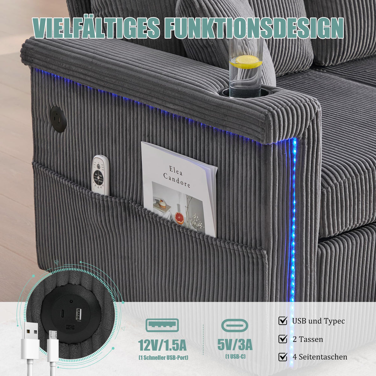 Dolamaní Sofá de terciopelo de 3 plazas con 2 cajones, soporte para bebidas, bolsillos laterales y reposapiés para sala de estar, dormitorio y oficina (beige)