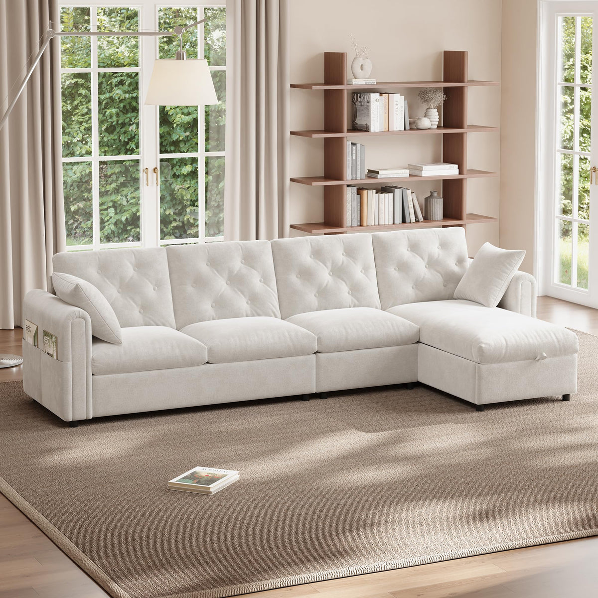 LAKFEW Sofa Cama con Cama Extensible y Taburete Almacenaje, Sofa Rinconera con USB, Lámpara de Lectura, Mesa Plegable con 2 Posavasos, 205x205x85 cm, Gris