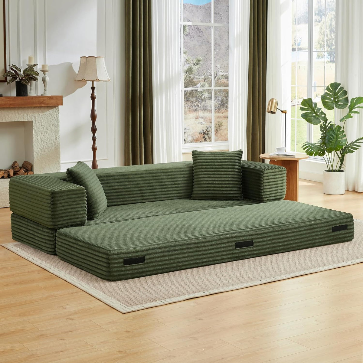 Sapgaks Sofá Convertible, Sofá Cama, Sofá 2 Plazas sin Marco, Sofá Plegable de Compresión, Diseño Cuadrado Clásico, No requiere Montaje (Verde-1)