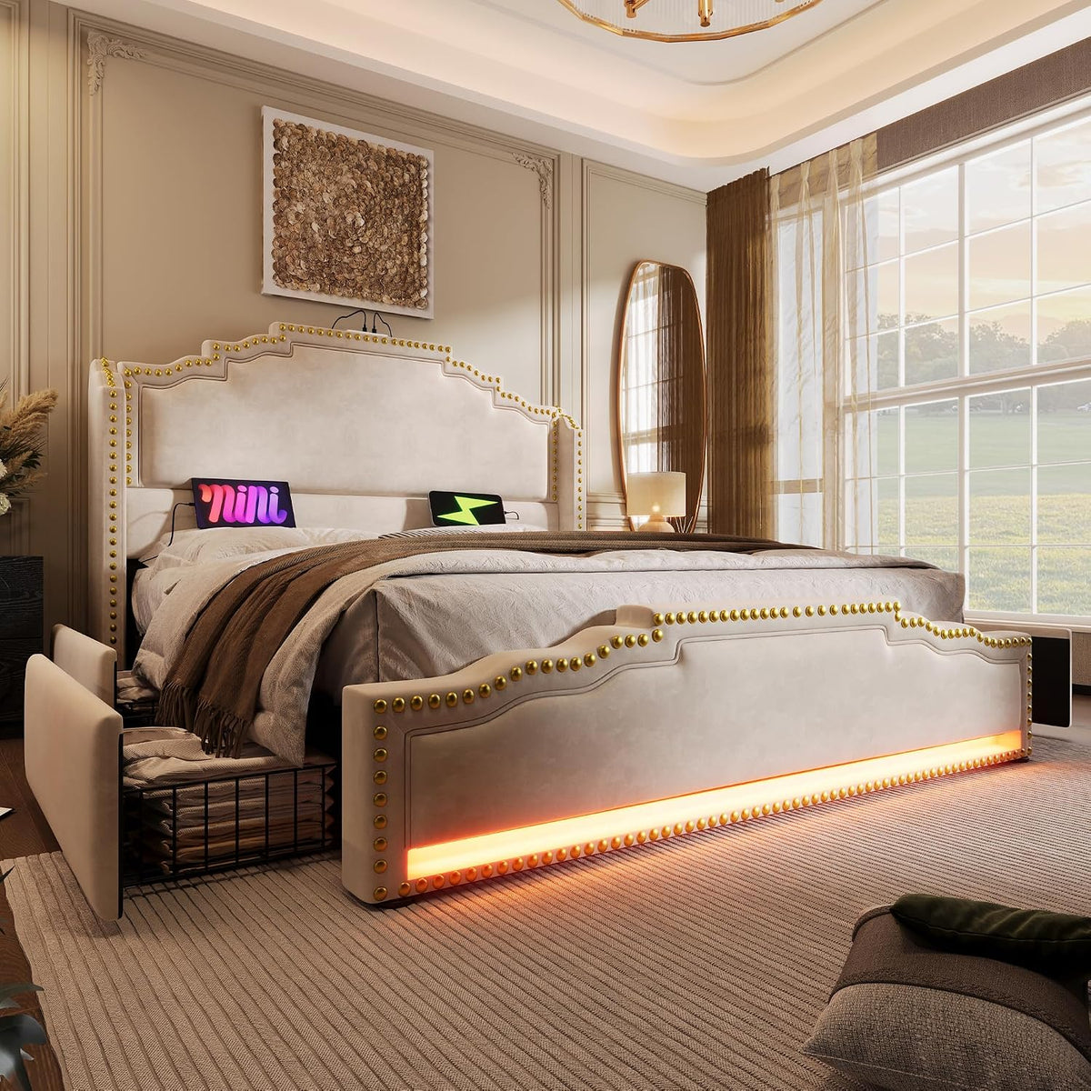 Cama tapizada de 160 x 200 cm, cama doble con 4 cajones, iluminación LED y puerto de carga USB-C, cama de almacenamiento y cama juvenil con somier, terciopelo, beige, sin colchón
