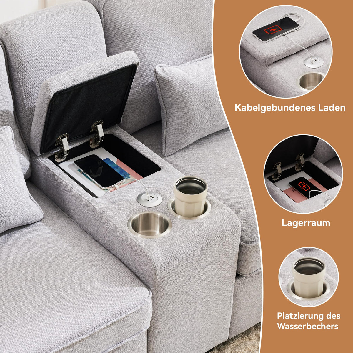Sofá moderno de 4 plazas, en tejido de lino, soporte para bebidas, 2 puertos de carga USB con cable, bolsillos en reposabrazos y 4 cojines, sofá sencillo para sala de estar
