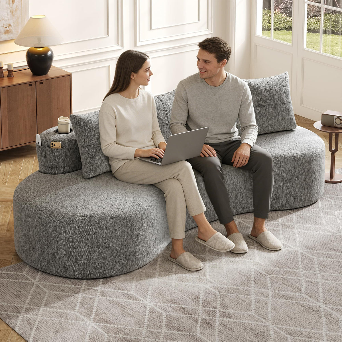 Bladez Sofá esquinero moderno curvado de 5 plazas, sofá modular de terciopelo, diseño curvado, cómodo sofá tapizado, cómodo sofá tapizado con cojines, adecuado para salón y apartamento, color blanco