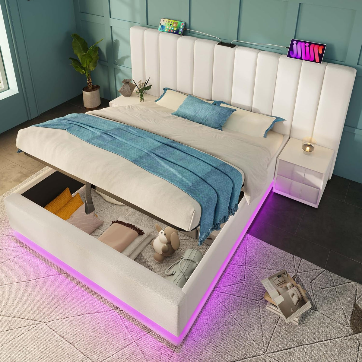 Cama tapizada 180×200cm, Cama Doble con canapé con LED y función de Carga USB-C, PU, sin colchón ni mesita de Noche (Blanco, 180 x 200 cm)