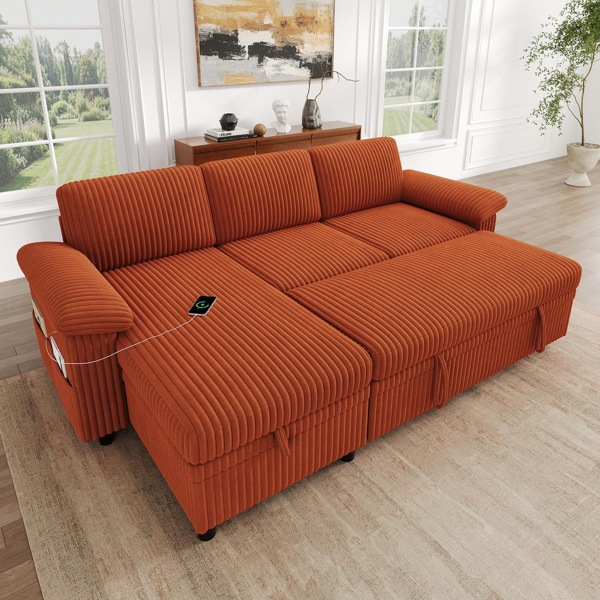 Sofá modular de 3 plazas con función cama extensible y USB/Type-C, sofá esquinero en forma de L con reposacabezas semifijos y compartimento de almacenamiento, sofás con chaise longue