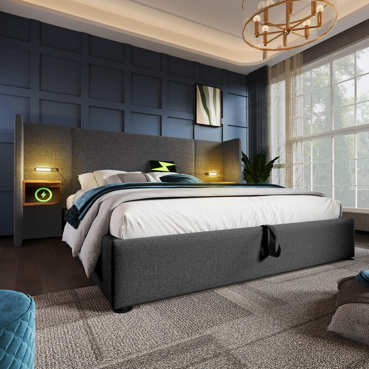 Camas Matrimoniales 160x200 con Cabecero Extendido y Espacio de Almacenaje Hidráulica, Cama Matrimonio con Lámpara de Lectura, Cama Doble con Puerto USB y Tipo C, Lino, Gris, Sin Colchón