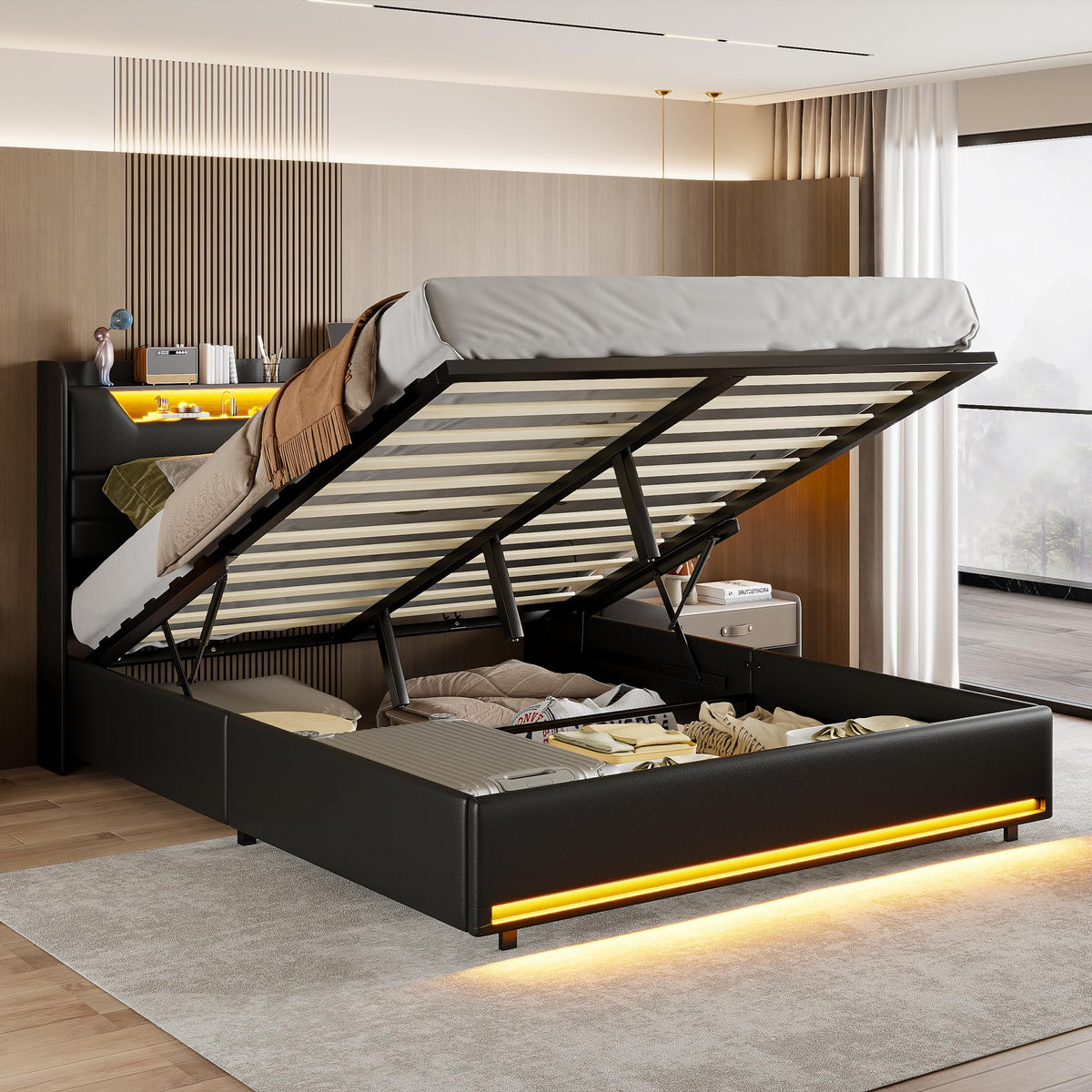 Cama tapizada de 160 x 200 cm, cama doble LED con espacio de almacenamiento, cabecero y función de carga USB C, cama de almacenamiento hidráulico, respaldo con somier de láminas de madera
