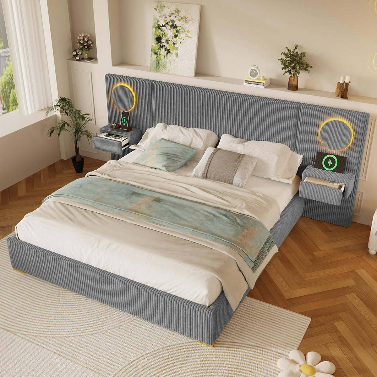 Moimhear Cama tapizada de terciopelo, cabecero LED, conectores USB, almacenamiento hidráulico