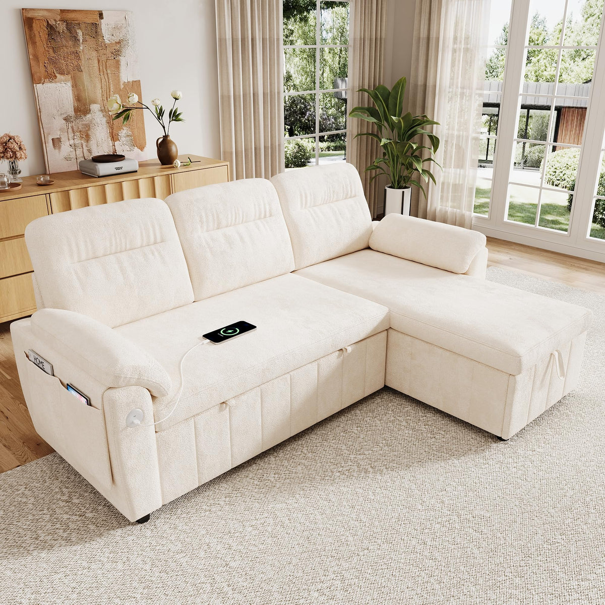 Sofá modular de 3 plazas con función cama extensible y USB/Type-C, sofá esquinero en forma de L con reposacabezas semifijos y compartimento de almacenamiento, sofás con chaise longue