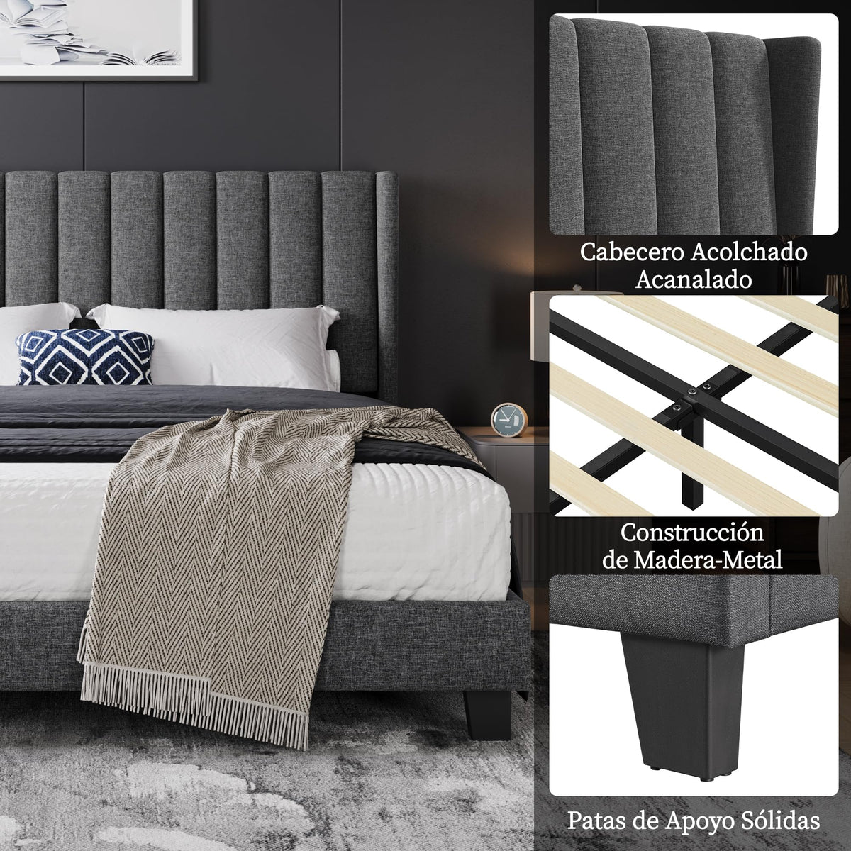Yaheetech Cama Doble Tapizada 140 x 200cm con Somier de Lamas con Cabecero Rayado Moderno Estructura de Madera y Metal Marco de Cama para Adultos 2 Personas Beige