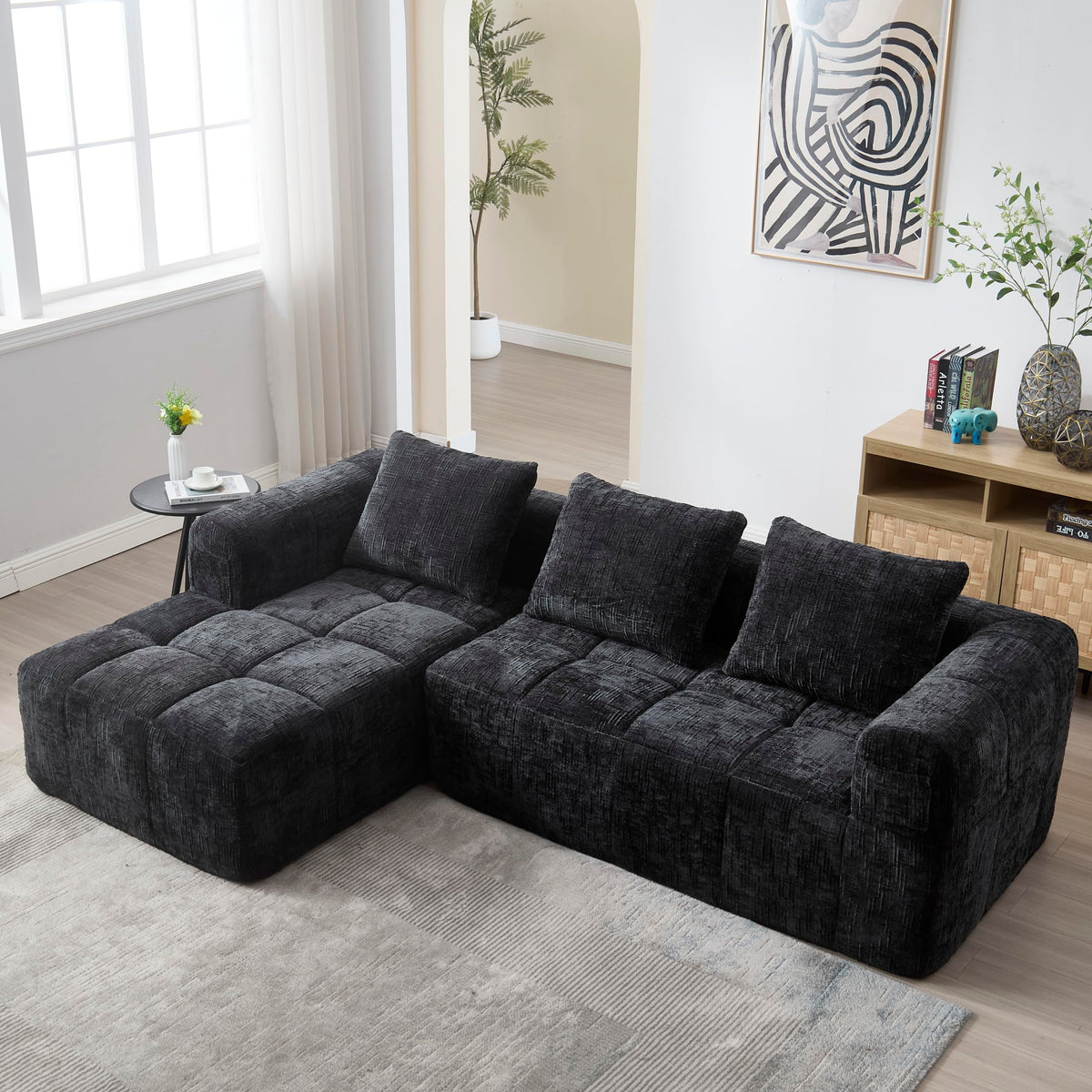 Soweiz Sofá L, seccional de 3 plazas, sofá con chaise longue y reposabrazos, 3 cojines, bolsillo lateral para mando a distancia, 250 x 158 x 60 cm