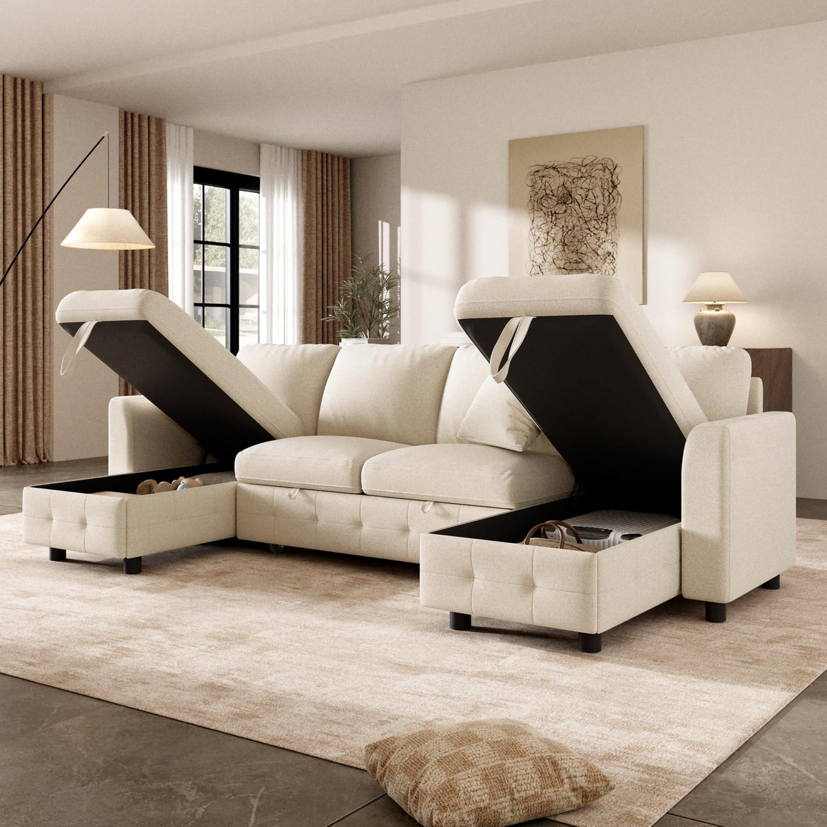 LAKFEW Sofa Cama con Cama Extensible y Taburete Almacenaje, Sofa Rinconera con USB, Lámpara de Lectura, Mesa Plegable con 2 Posavasos, 205x205x85 cm, Gris