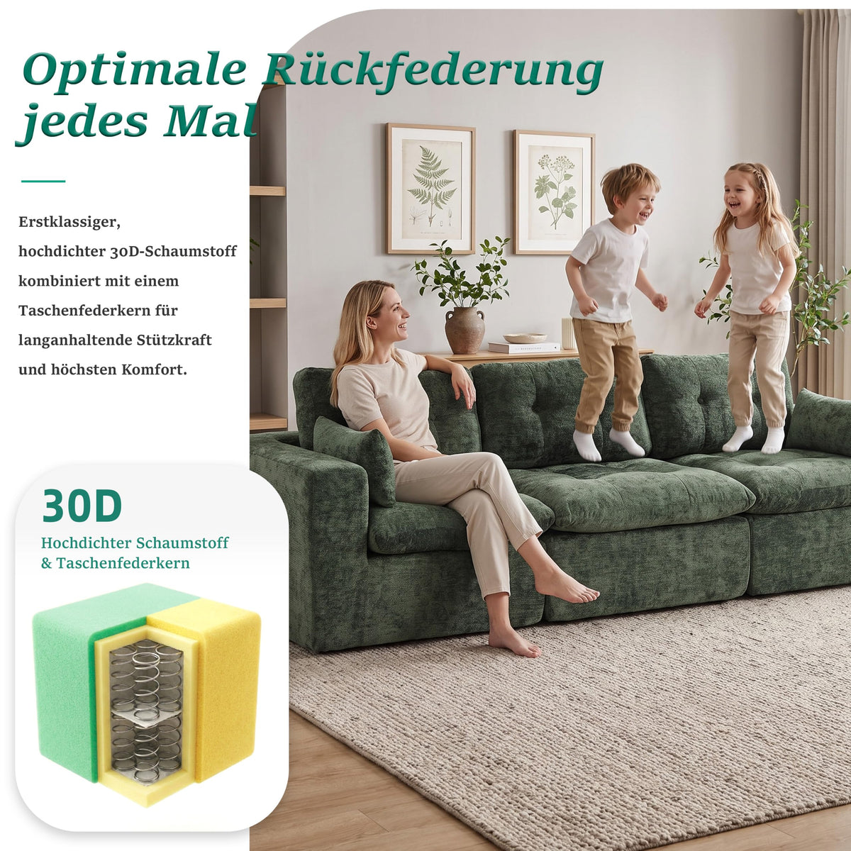 Sofá modular de 3 plazas con función de dormir, asiento extra profundo, felpilla para el hogar, sofá sin marco, sofá cama flexible para salón, verde