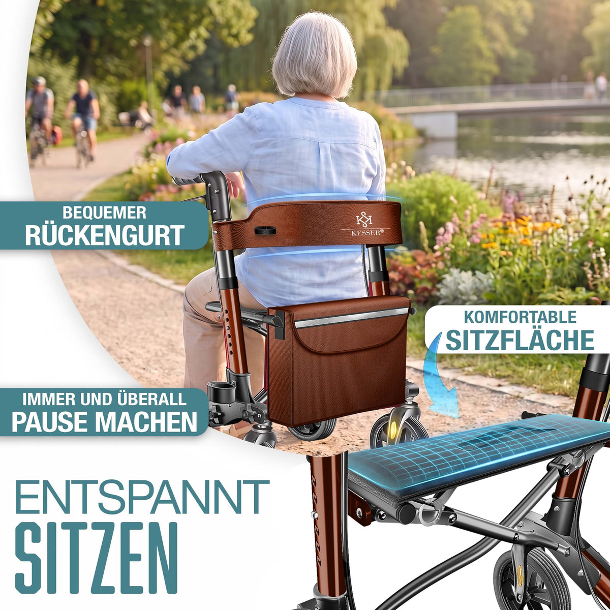KESSER® Andador plegable con asiento y respaldo, 4 Ruedas/Frenos/Saco de Compra y Porta Bastón, Altura Ajustable 82-94cm, Andador, Carro, Rollator para Ancianos Gris