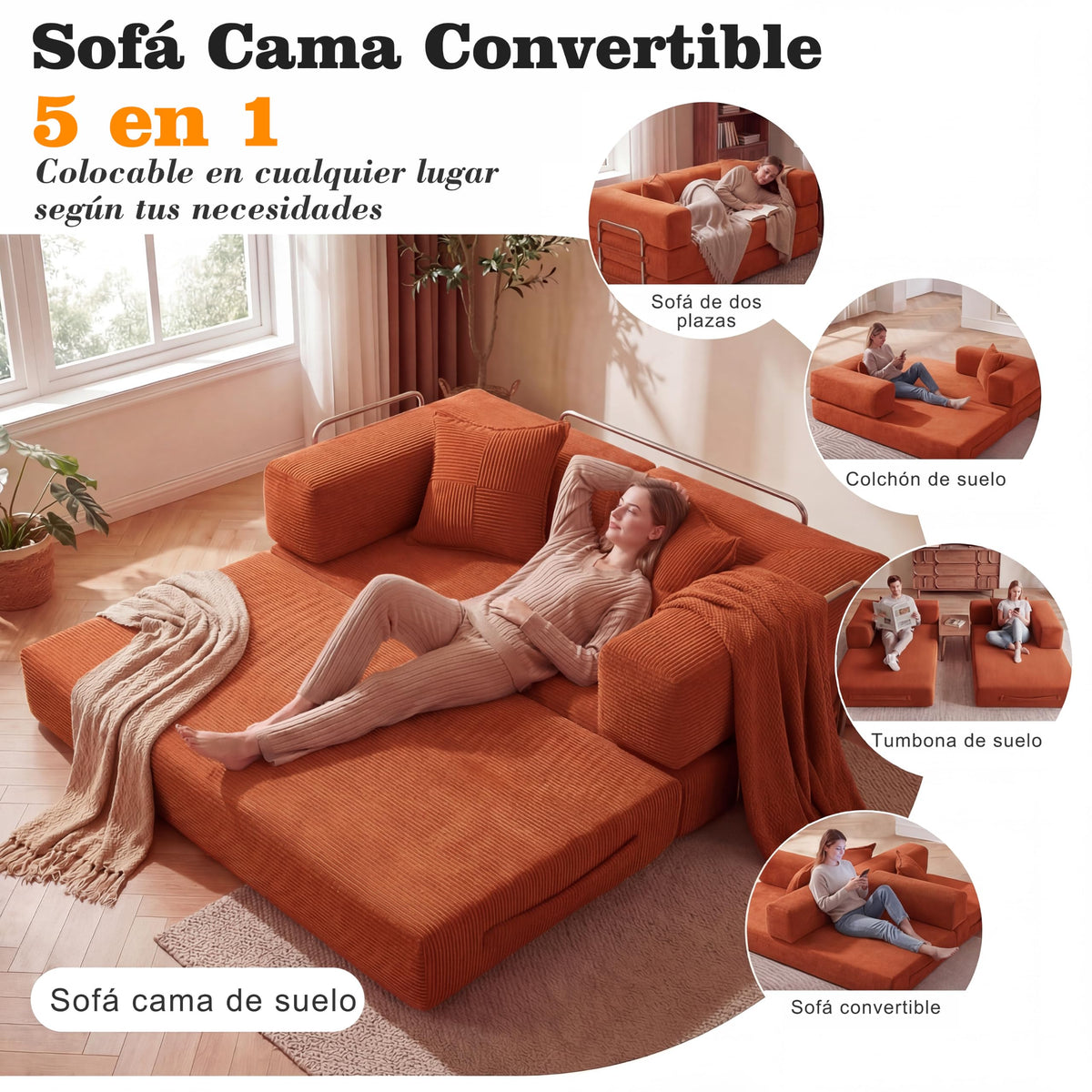 Vipbear Sofá Cama Pana 200×100×70 cm, sofá de Suelo transformable 5 en 1, Espuma de Alta Densidad, Apto para Mascotas y ergonómico, sin Montaje, Verde