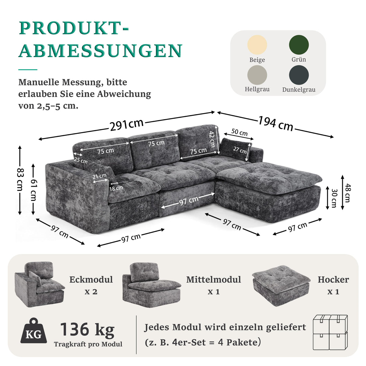 Sofá modular de 3 plazas con función de dormir, asiento extra profundo, felpilla para el hogar, sofá sin marco, sofá cama flexible para salón, verde
