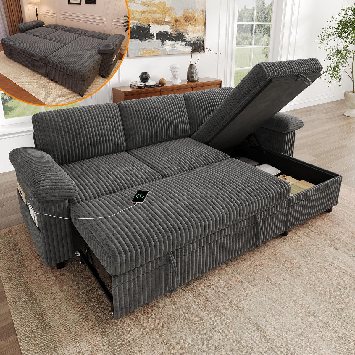 Sofá modular de 3 plazas con función cama extensible y USB/Type-C, sofá esquinero en forma de L con reposacabezas semifijos y compartimento de almacenamiento, sofás con chaise longue