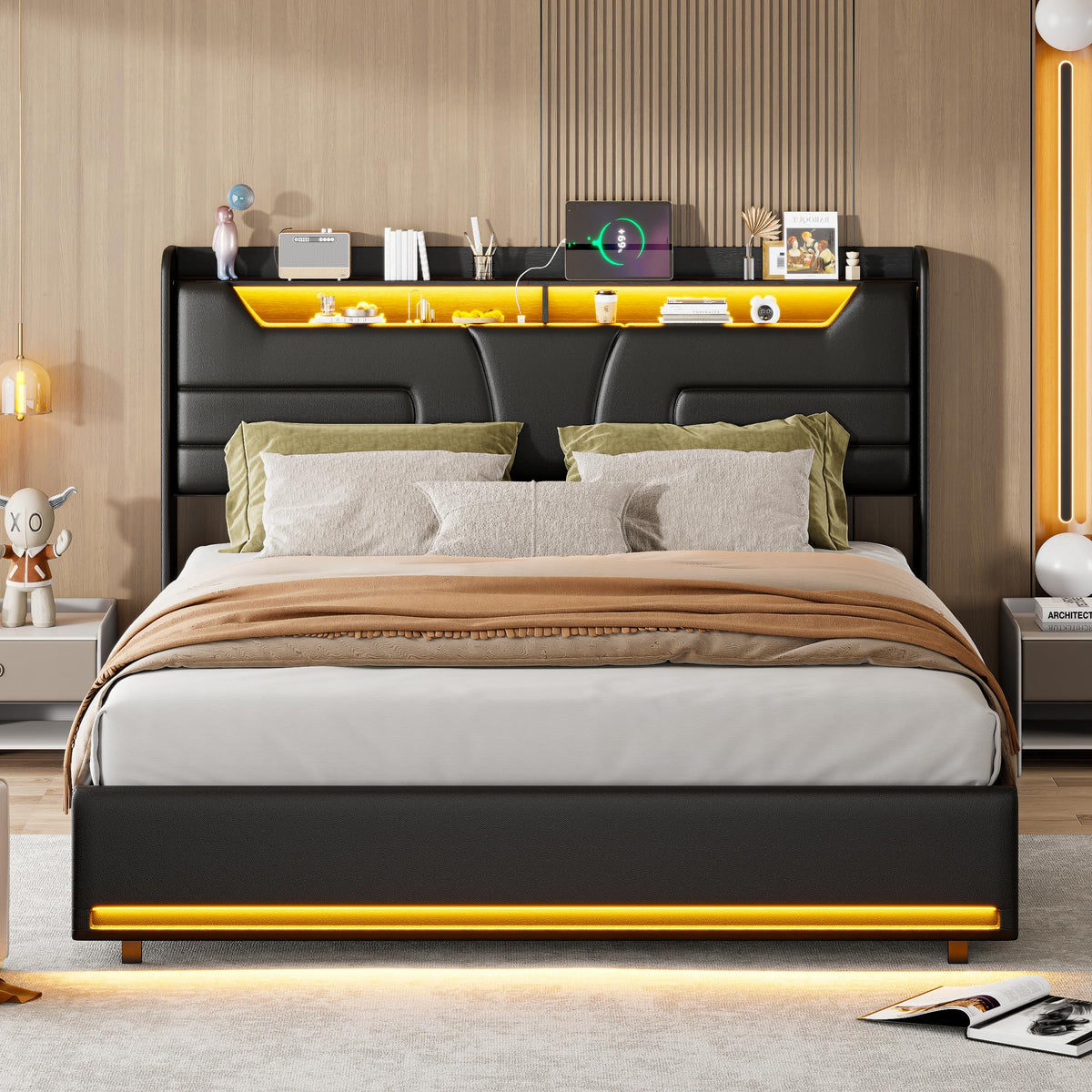 Cama tapizada de 160 x 200 cm, cama doble LED con espacio de almacenamiento, cabecero y función de carga USB C, cama de almacenamiento hidráulico, respaldo con somier de láminas de madera