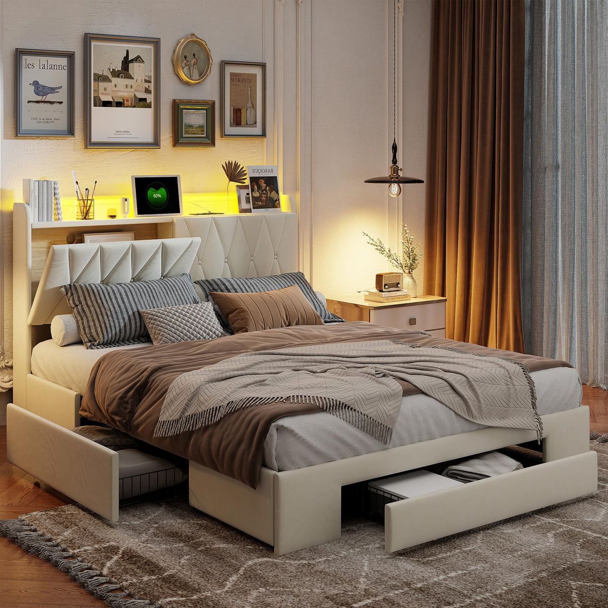 BRILVERDE Cama Tapizada 160x200 con Almacenamiento, Cama matrimonial con cajones, Cama Nido con LED, Cabecero Acolchado y Base de Láminas, Terciopelo (Beige, 160 x 200 cm)