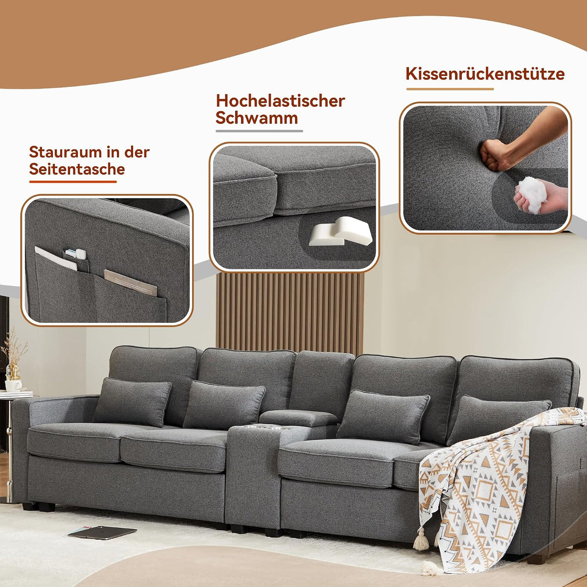 Sofá moderno de 4 plazas, en tejido de lino, soporte para bebidas, 2 puertos de carga USB con cable, bolsillos en reposabrazos y 4 cojines, sofá sencillo para sala de estar