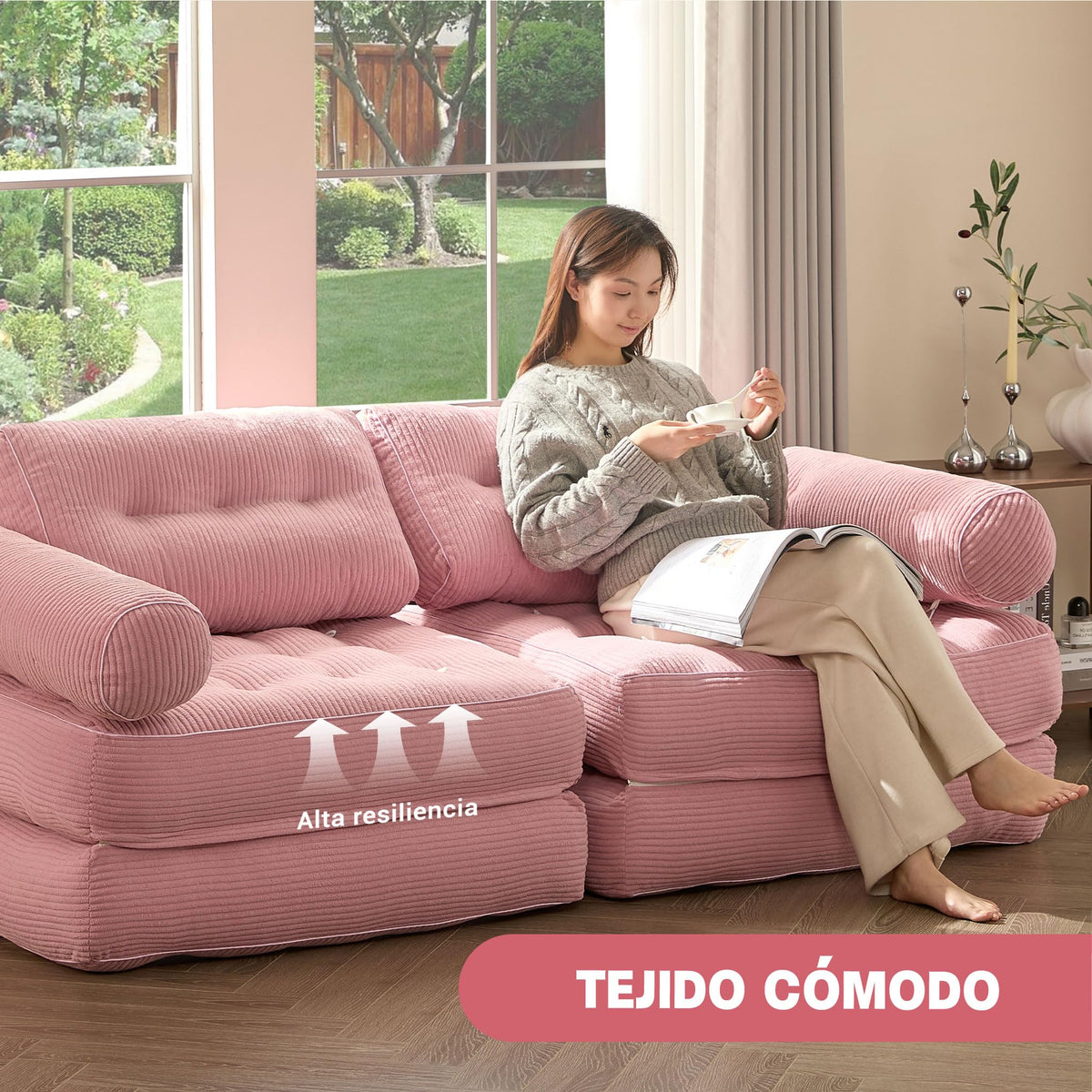 Sofá Convertible 4 en 1, Sofá Cama 1 Plaza, Pana, Negro