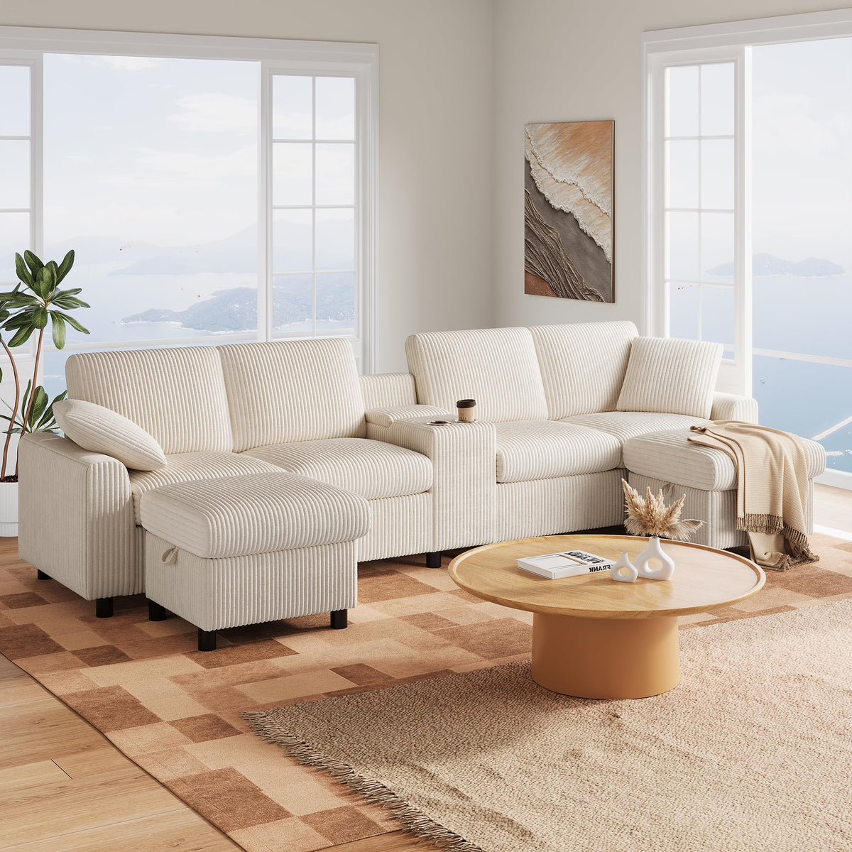 Sofá moderno de chenilla en forma de U con chaise longue, sofá esquinero de 4 plazas con espacio de almacenamiento, puerto USB y tipo C, modular, con soporte para bebidas y cojines suaves