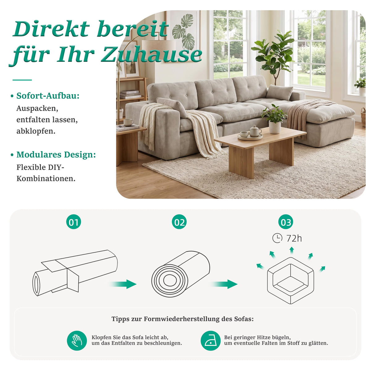 Sofá modular de 3 plazas con función de dormir, asiento extra profundo, felpilla para el hogar, sofá sin marco, sofá cama flexible para salón, verde