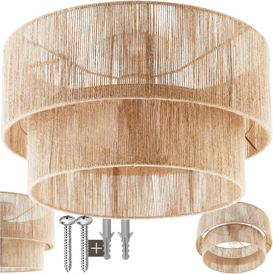 tectake® Lampara Techo Dormitorio Boho Artesanal en Yute Sostenible con Estructura de Acero, Lámpara de Techo Colgante Salón 40 W, Lampara Salon, Plafon - 45 x 45 x 27,5 cm