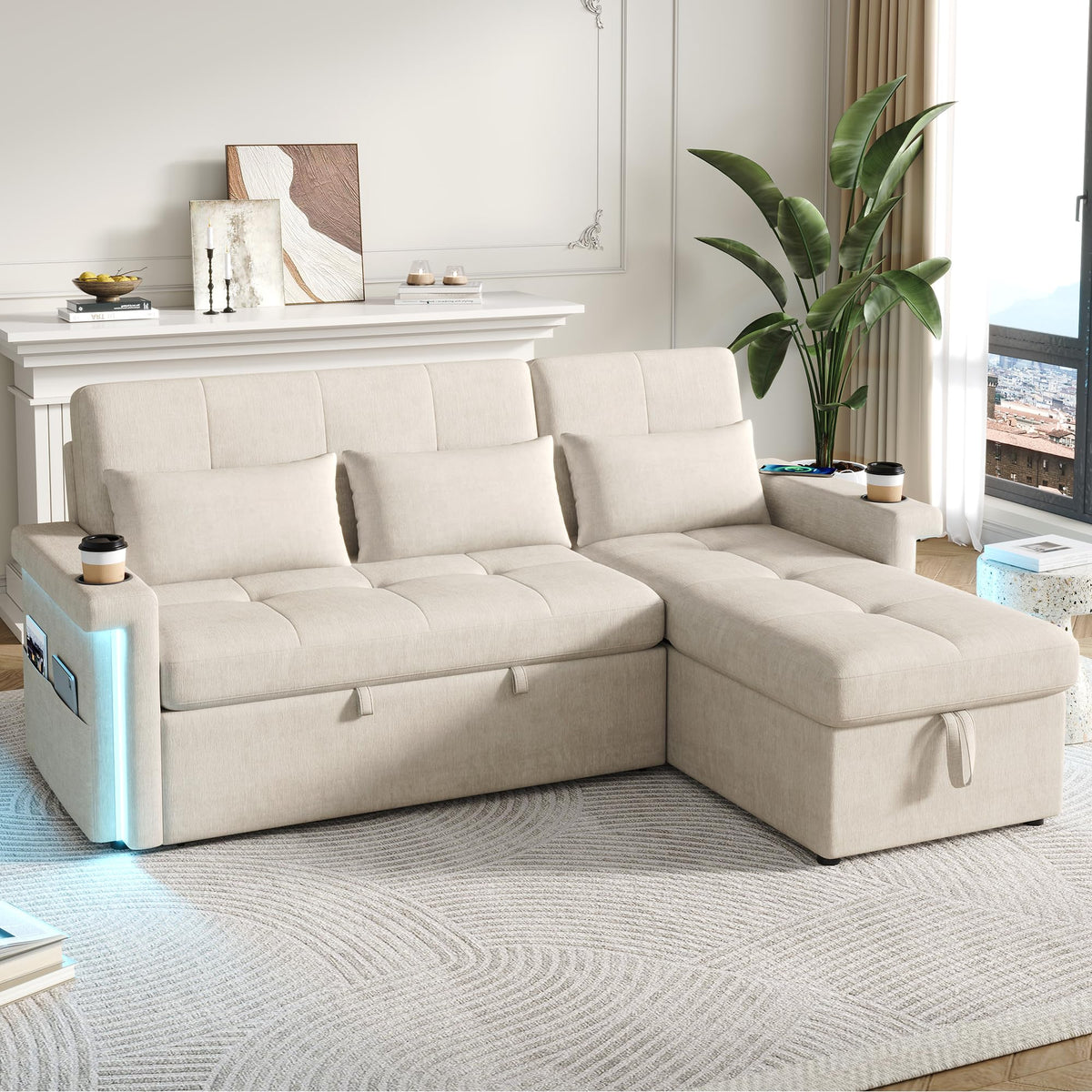Bladez Sofá cama extensible en forma de L de lino con espacio de almacenamiento, soporte para bebidas, sofá modular de 3 plazas para salón (gris)