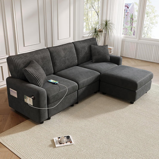 Moimhear Sofá moderno con 1 reposapiés, 2 cojines cuadrados, 1 puerto USB y 1 conector Type-C, dimensiones: 223 x 84 x 146 cm (ancho x alto x profundidad), color negro