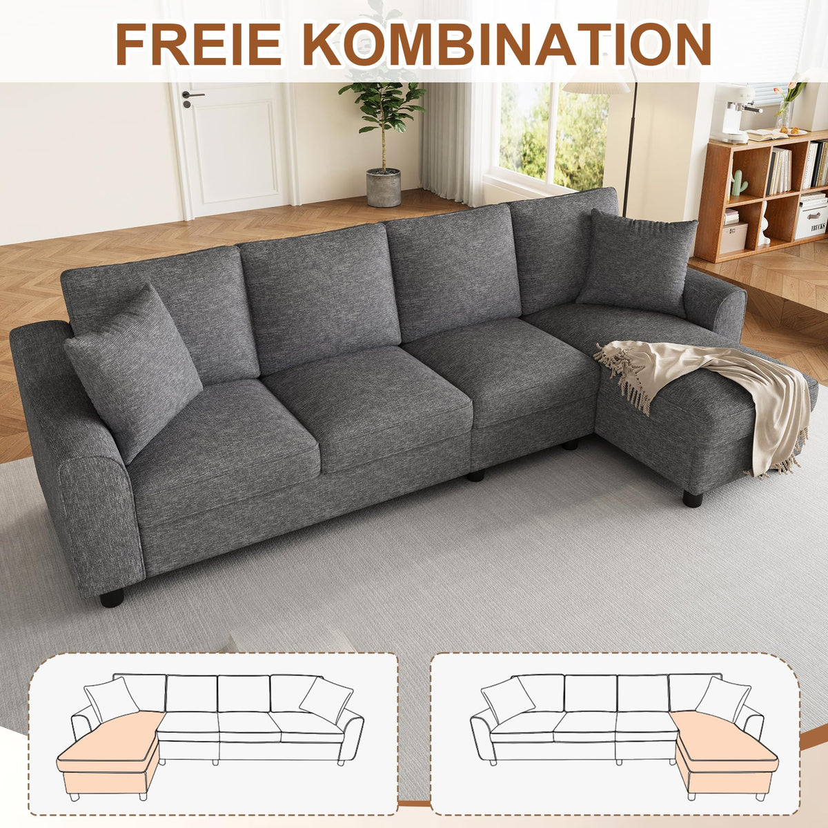 Sofá moderno de chenilla en forma de U con chaise longue, sofá esquinero de 4 plazas con espacio de almacenamiento, puerto USB y tipo C, modular, con soporte para bebidas y cojines suaves