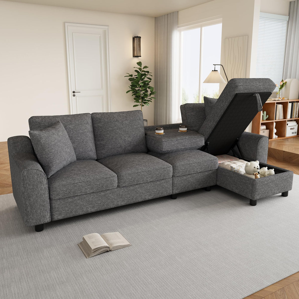 Sofá moderno de chenilla en forma de U con chaise longue, sofá esquinero de 4 plazas con espacio de almacenamiento, puerto USB y tipo C, modular, con soporte para bebidas y cojines suaves