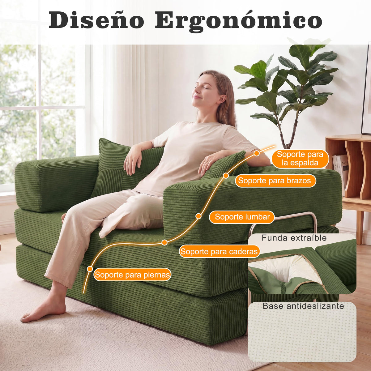 Vipbear Sofá Cama Pana 200×100×70 cm, sofá de Suelo transformable 5 en 1, Espuma de Alta Densidad, Apto para Mascotas y ergonómico, sin Montaje, Verde